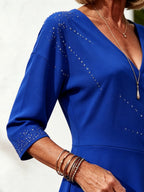 Blue Rhinestone Wrap Midi Dress, V-Neck 3/4 Sleeve Ruffle Hem Loose Slimming Dress for Mature Women