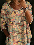 Women's Vintage Floral Art Casual Loose Denim Blouse Shirt
