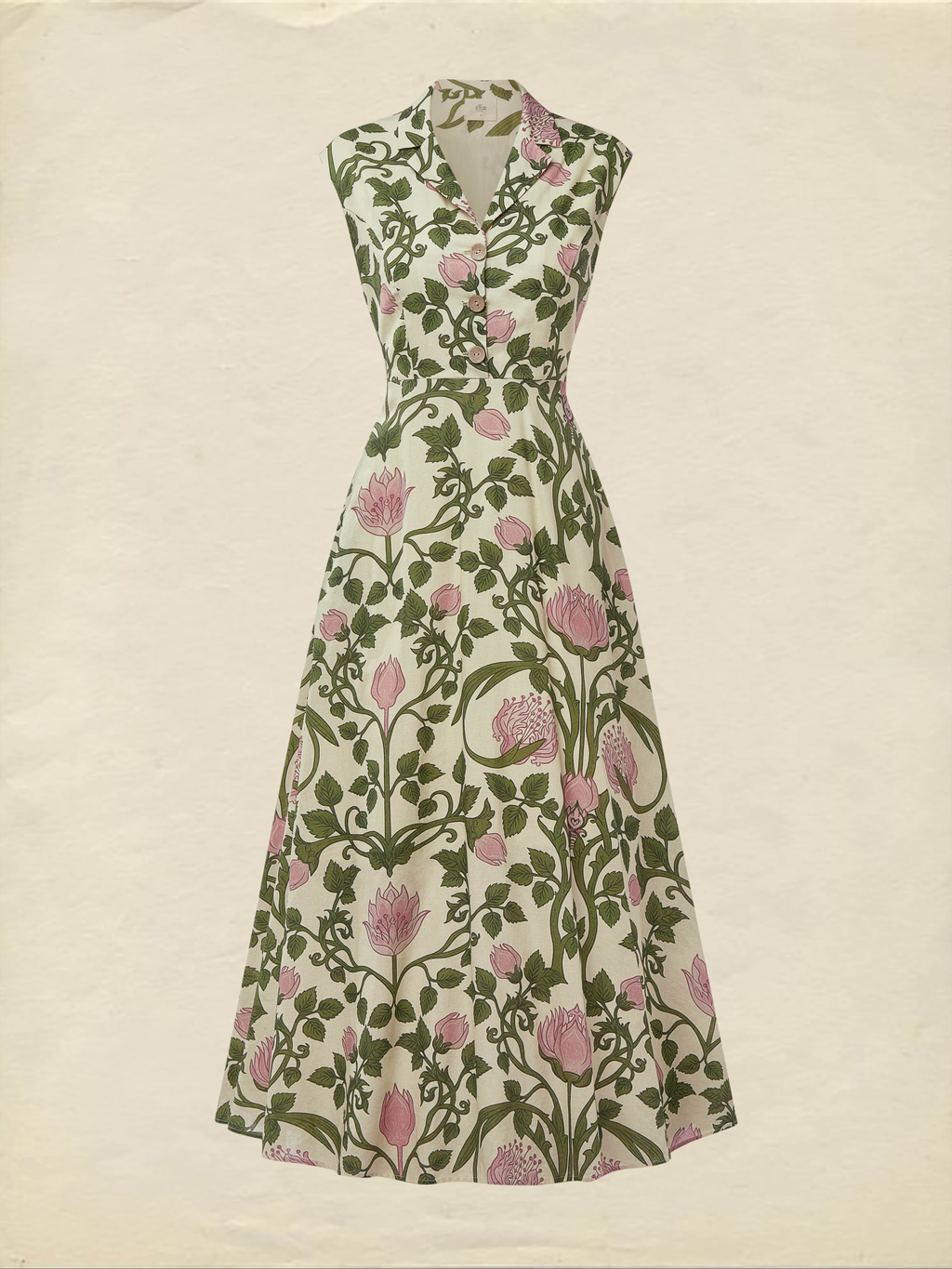 (SIZE:XS-XXL) Midi Linen Dress , Cap Sleeves, Shawl Collar, Floral, Button Design, Vintage, Green