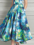 Blue Green Abstract Oil Painting Print Midi Dress