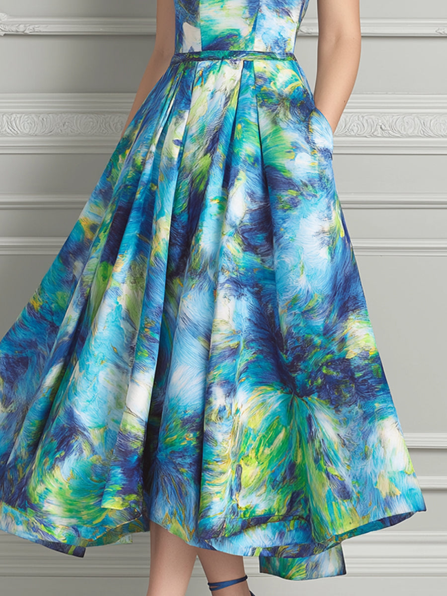 Blue Green Abstract Oil Painting Print Midi Dress