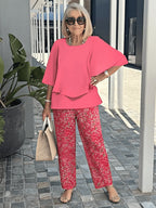 Casual Crew Neck Medium Sleeve Top Printed Floral Pants Set Two-piece Set