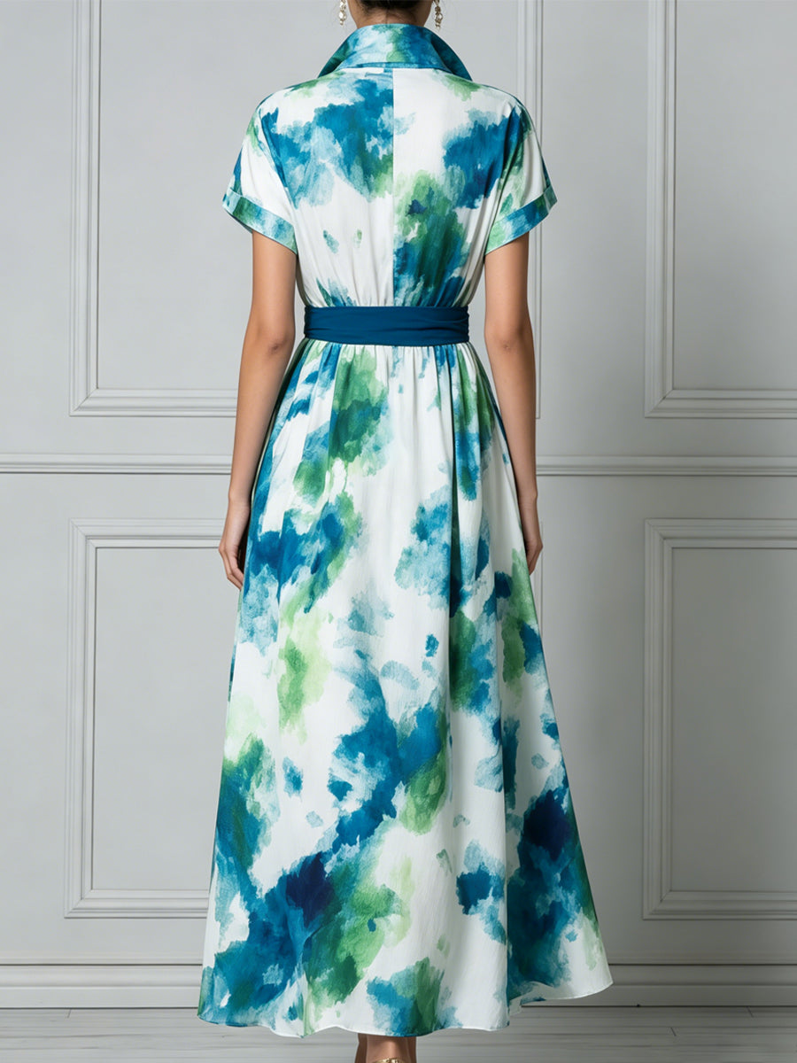 Collared Short Sleeve Watercolor Print Midi Dress