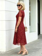 Red Floral Lace Midi Dress, V-Neck Short Sleeve Cinched Waist Slimming Dress for Mature Women