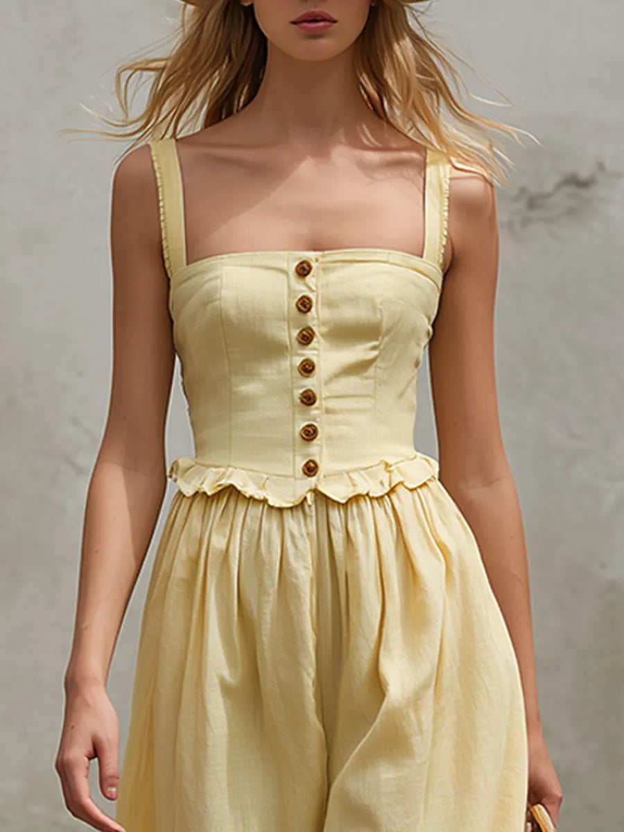 Casual Retro Yellow Sleeveless Ruffled Cotton-linen Top And Wide-leg Pants Set