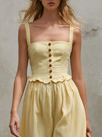 Casual Retro Yellow Sleeveless Ruffled Cotton-linen Top And Wide-leg Pants Set
