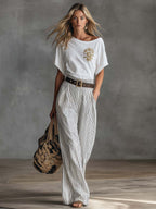Casual Western-Style White Asymmetrical Cotton T-Shirt And Striped Pants Set
