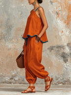 Burnt Orange Asymmetric Linen Two-Piece Set With Blue Trim