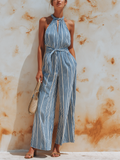 Blue & White Striped Denim Halter Neck Wide-Leg Jumpsuit