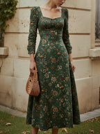 Midi Linen Dress, Long Sleeves, Square Neck, Paisley, Vintage, Green