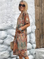 Vacation DRESS Women's Short Sleeve Summer Leopard Lace Dress V Neck Daily Going Out Casual Knee Length A-Line Khaki