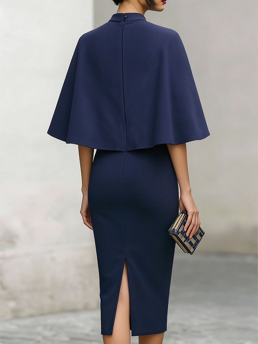 Elegant Navy Cape-Sleeve Midi Dress