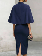 Elegant Navy Cape-Sleeve Midi Dress