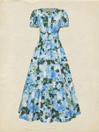 Maxi Cotton Dress, Short Sleeves, V Neck, Floral, Vintage, Blue