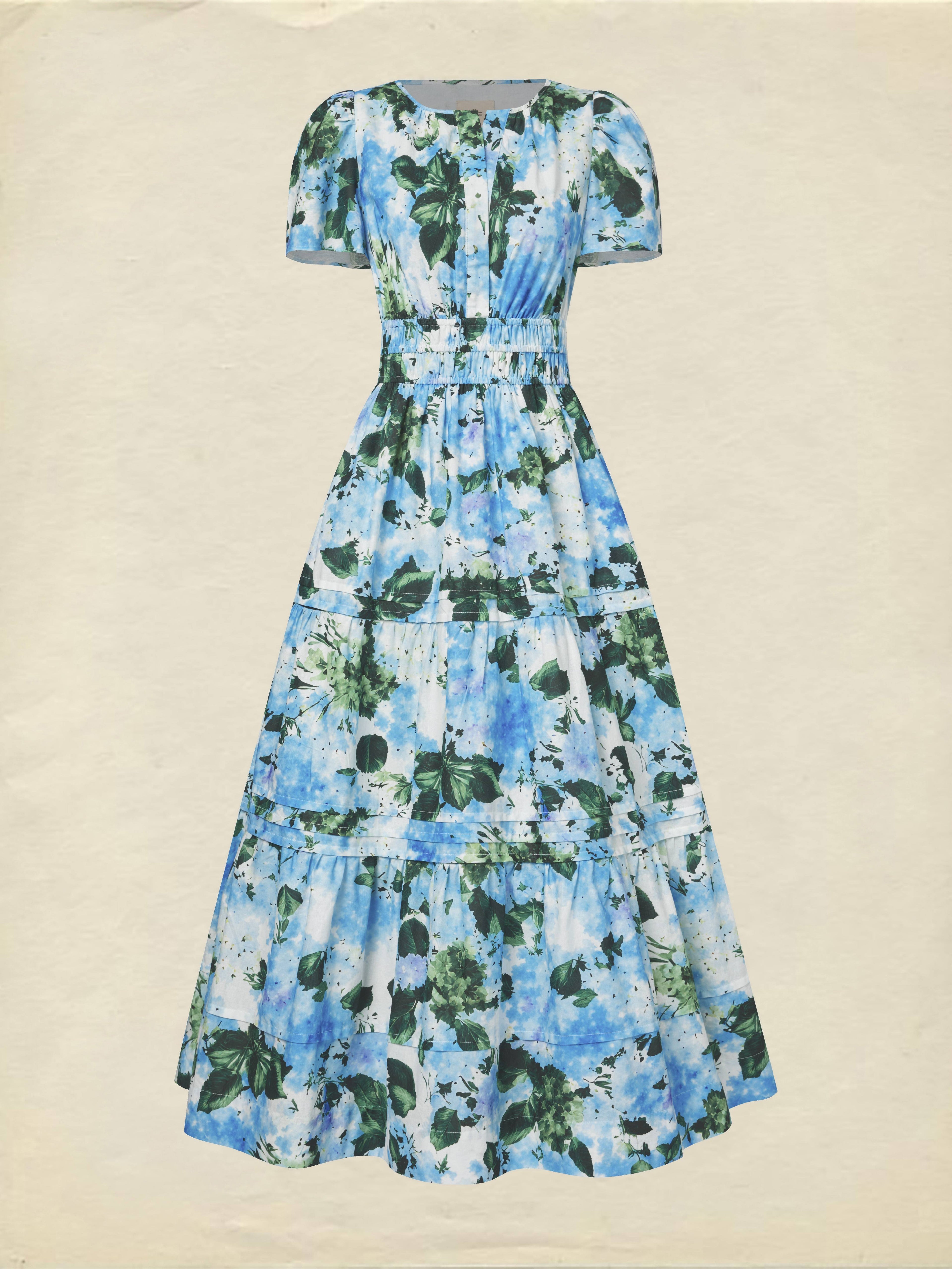Maxi Cotton Dress, Short Sleeves, V Neck, Floral, Vintage, Blue