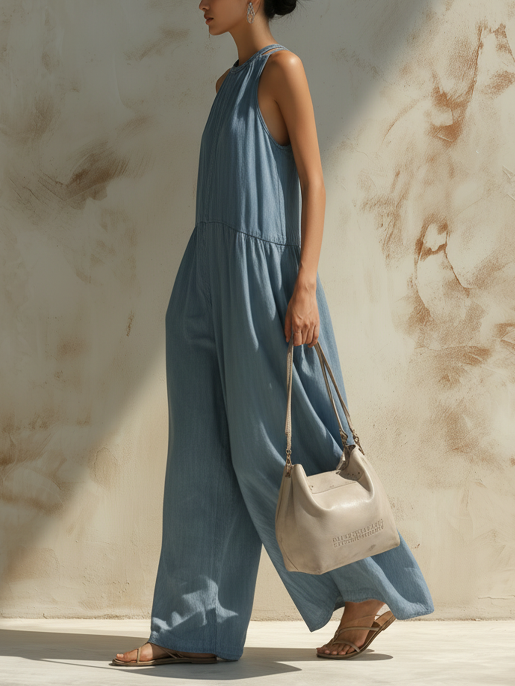 Light Blue Tencel Denim Wide-Leg Jumpsuit