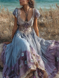 Boho Floral Embroidered Summer Fresh Flowy Linen Maxi Dress