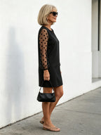 Black Polka Dot Mesh Sleeve Shift Dress, Notch V Neck Long Sleeve Loose Slimming Little Black Dress for Mature Women