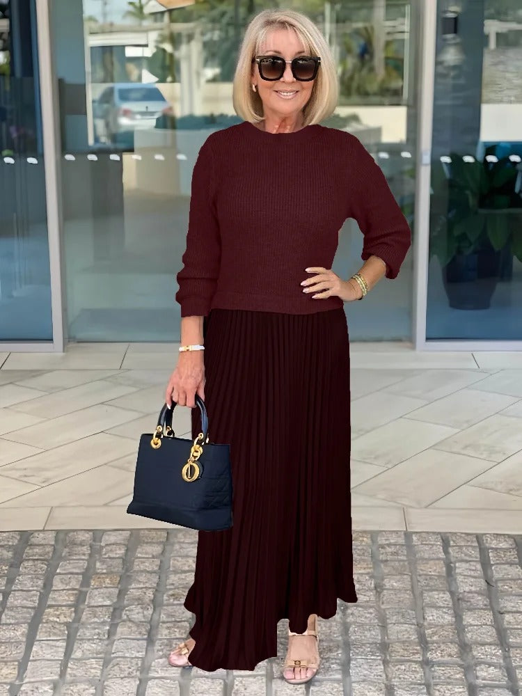Knitted Long-sleeved Splicing Pleated Dress