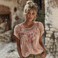 Women's Floral Embroidered Art Flowy Linen Blend Short Sleeve Casual Tops