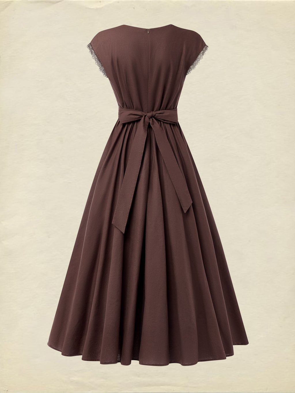 Linen Maxi Dress, Short Sleeve, Lace Collar, Plain, Vintage, CAMEO BROWN