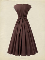 Linen Maxi Dress, Short Sleeve, Lace Collar, Plain, Vintage, CAMEO BROWN