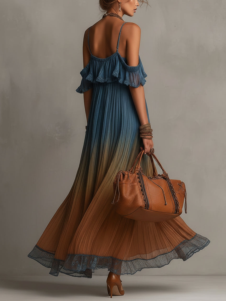 Blue Gradient Chiffon Maxi Dress With Lace Trim