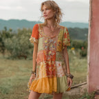 Boho Sunset Floral Patchwork Women's Short Sleeve Mini Dress