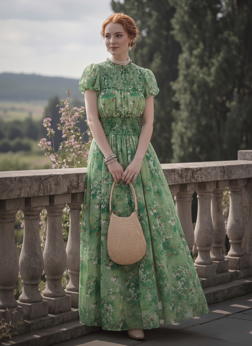Maxi Linen Dress, Short Sleeves, Round Neck, Floral, Vintage, Green