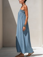 Light Blue Denim Strapless Maxi Dress – Frayed Hem