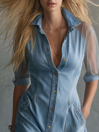 Retro Western Mesh Short Sleeve V-Neck Front-Button Light Blue Denim Mini Dress