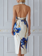 Cross Halter Keyhole Neck Floral Print Fitted Midi Dress