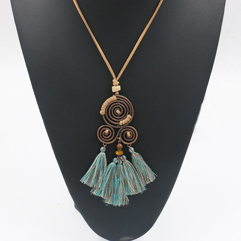 3pcs Boho Ethnic Long Sundry Colors Tassel Pendant Necklaces For Women Retro Rhinestone Drip Oil Alloy Necklace