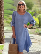 Casual Round Neck Long sleeved Double layered Elegant Solid Color Dress