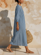 Blue & White Striped Linen Blend Midi Dress