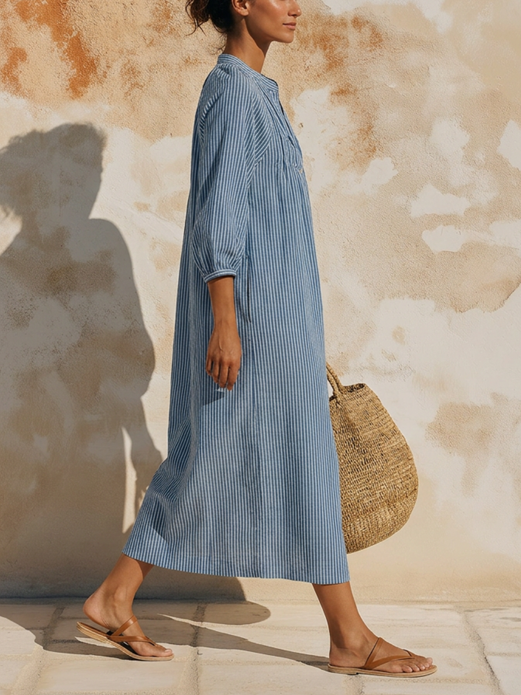 Blue & White Striped Linen Blend Midi Dress