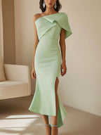 Light Green Satin Dress with Asymmetric Shoulder Detail