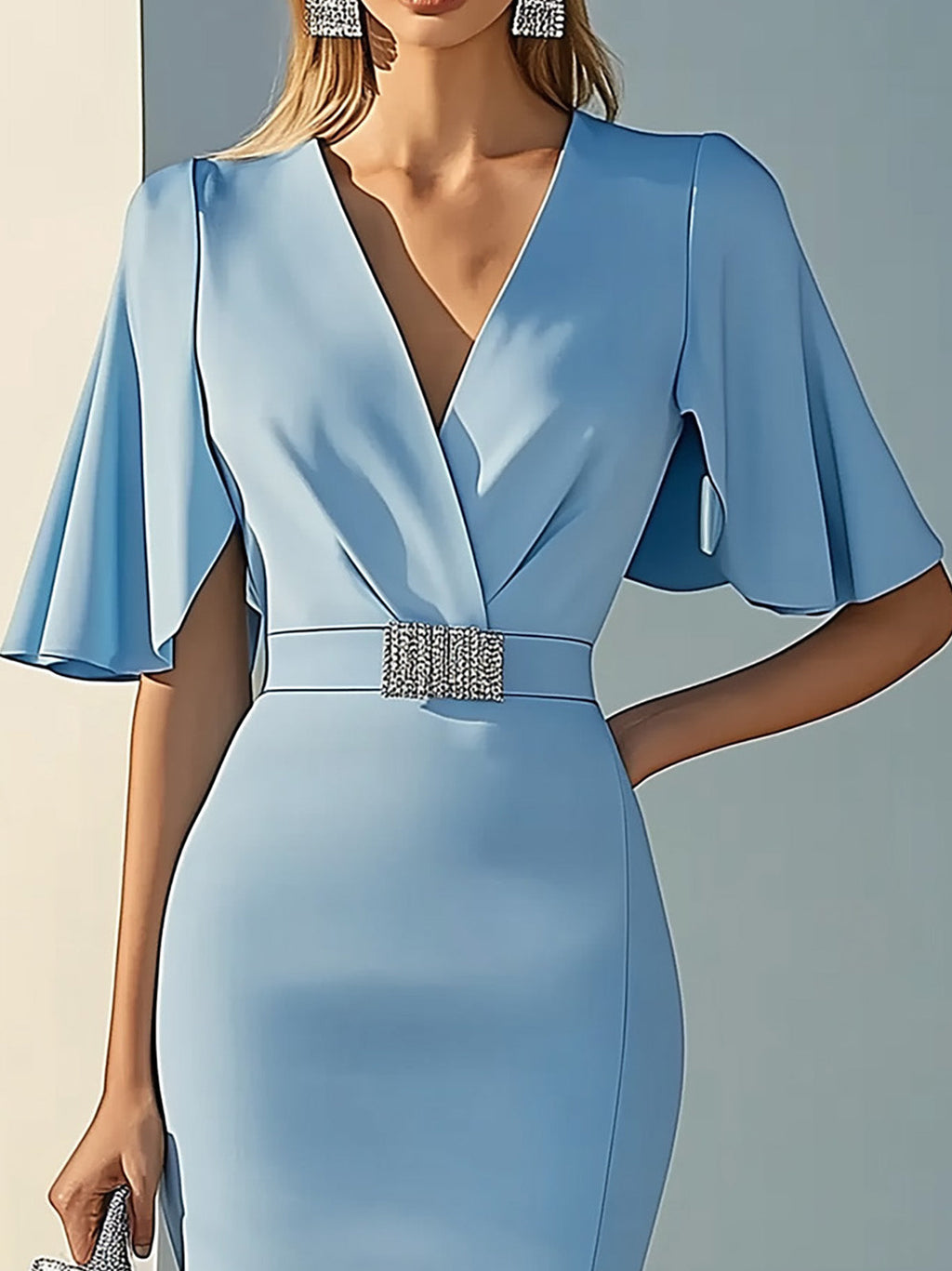 Light Blue Wide-Sleeve Sheath Dress with Silver Rhinestone Waistband