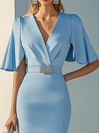 Light Blue Wide-Sleeve Sheath Dress with Silver Rhinestone Waistband