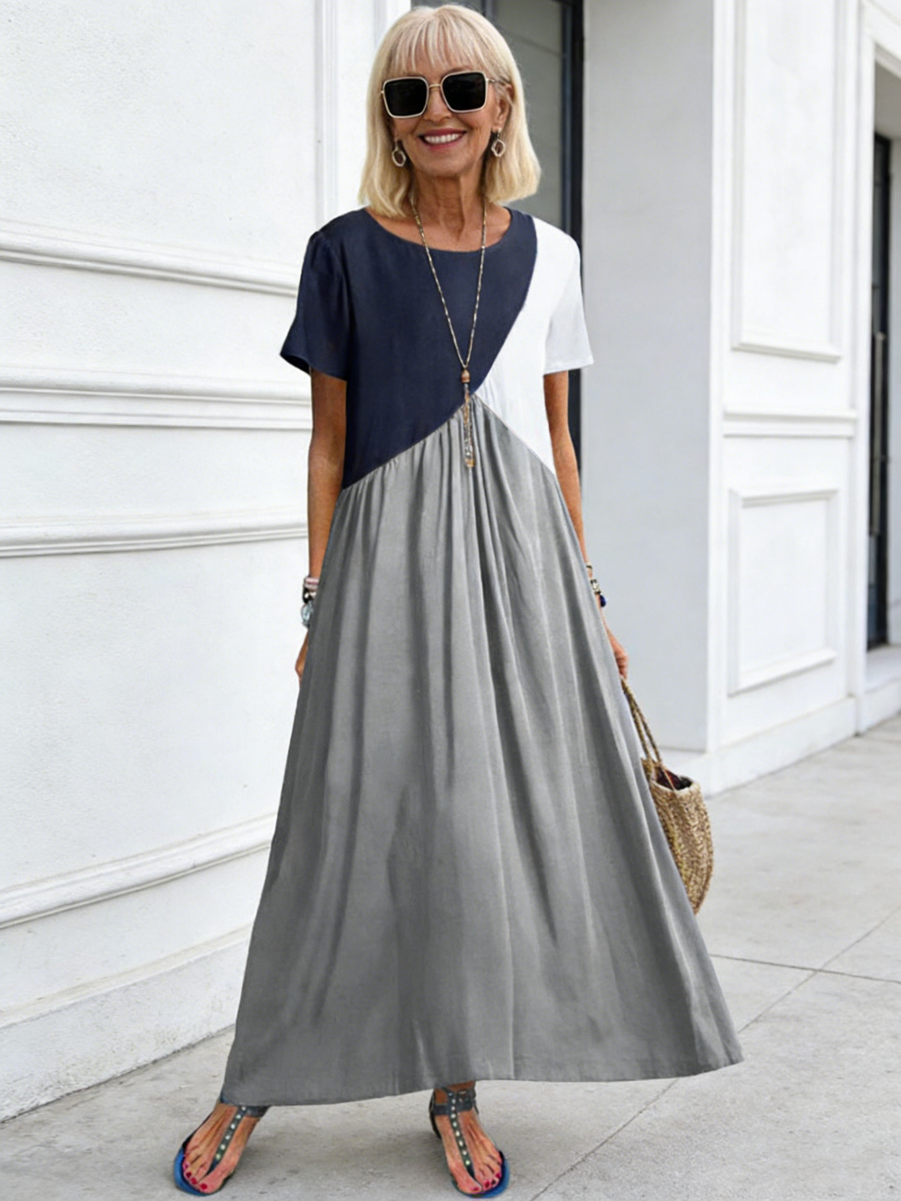 Splicing Short Sleeve Dress Long Dress