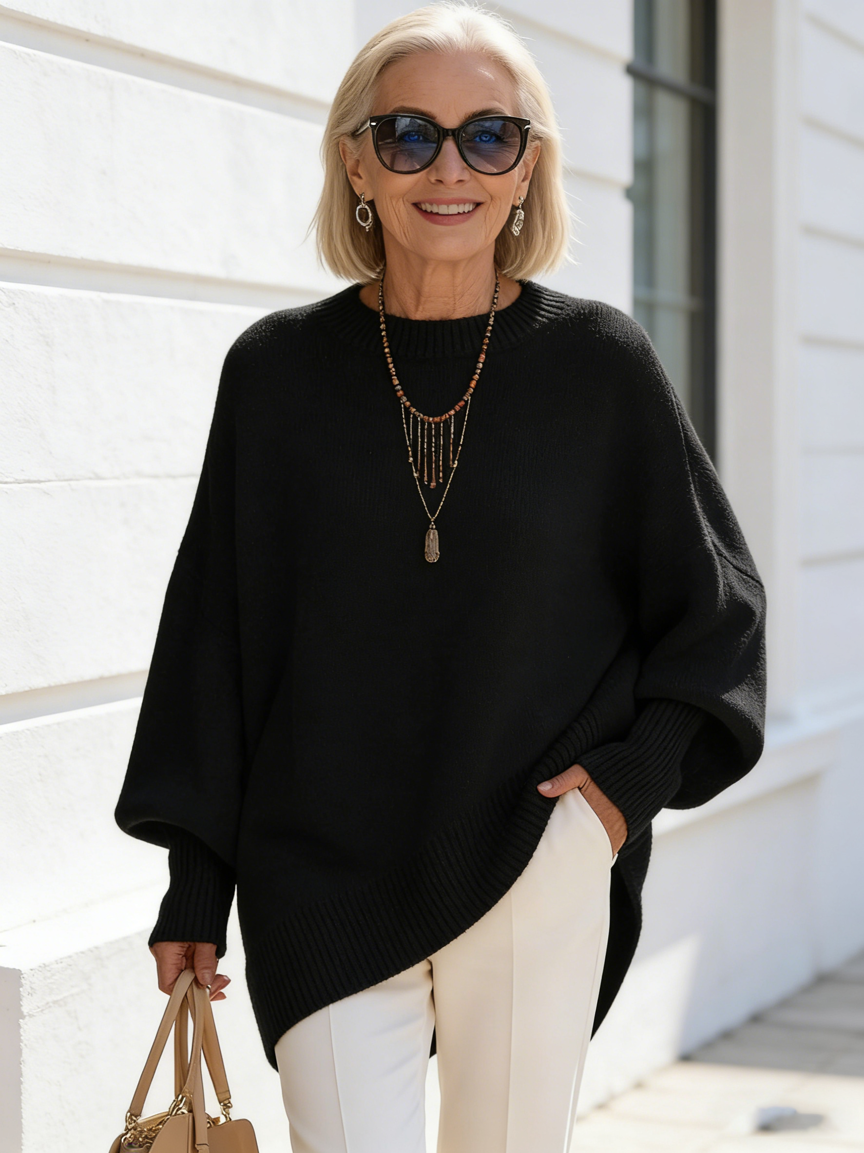 Crew Neck Pullover Knitted Sweater Women's Loose Lazy Style Solid Color Women's Sweater