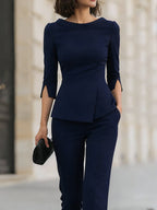 Tailored Navy Peplum Blazer & Wide-Leg Trouser Suit