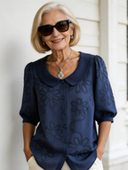 Loose Casual Vintage Button Embroidered Floral Medium Sleeve Shirt
