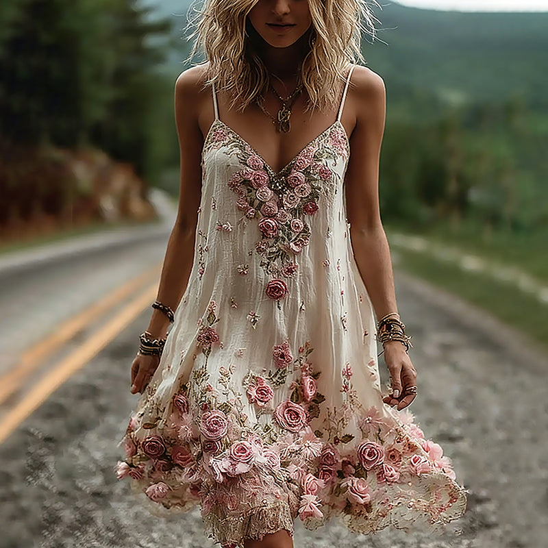 Vintage Boho Floral Embroidery Art Linen Mini Caimi Dress