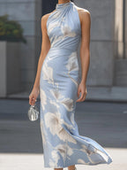 Sky Blue Sleeveless Floral Print Fitted Dress