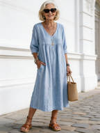 Casual Loose V-neck Splicing Lace Edge Linen Cotton Dress