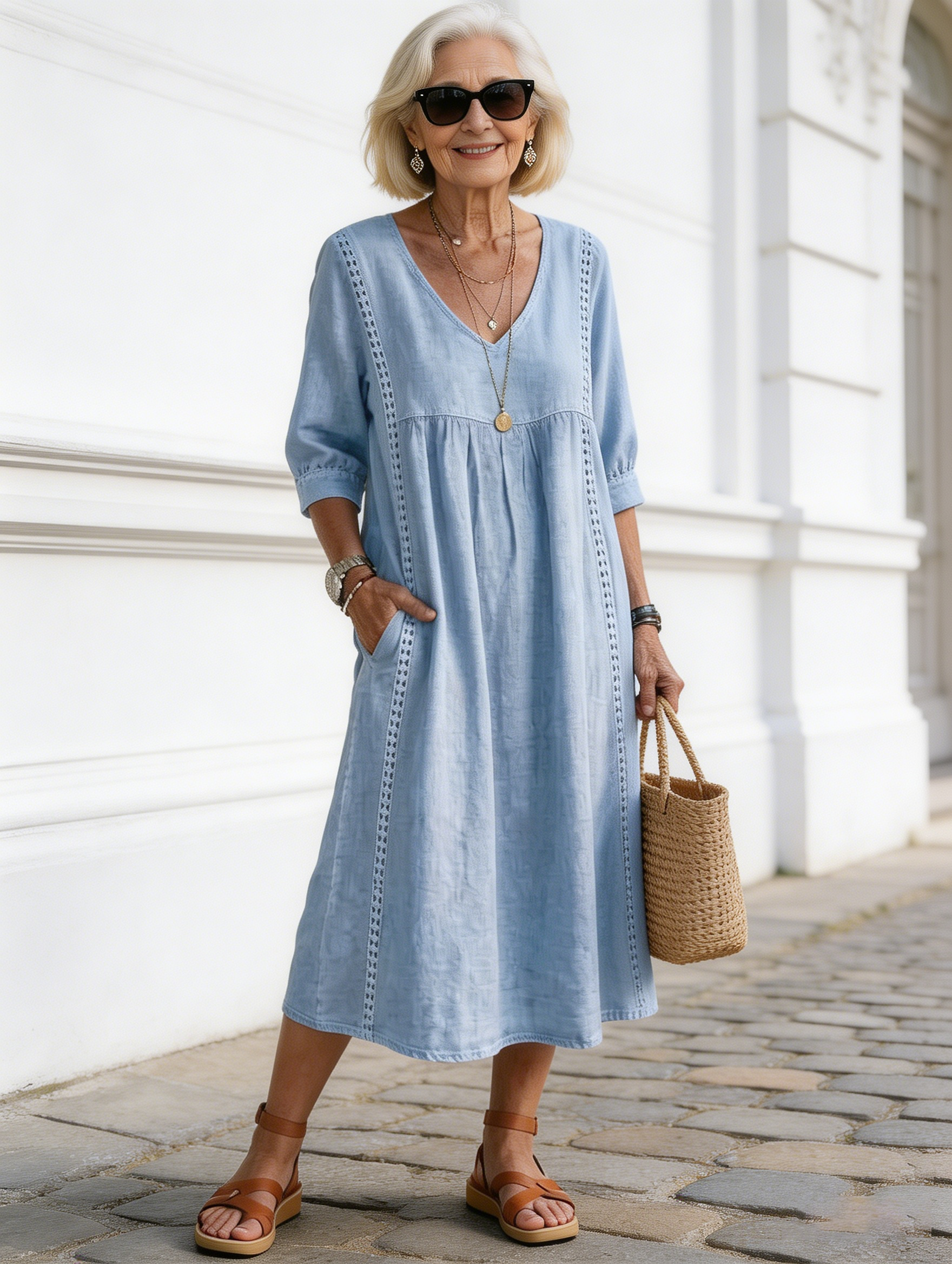 Casual Loose V-neck Splicing Lace Edge Linen Cotton Dress