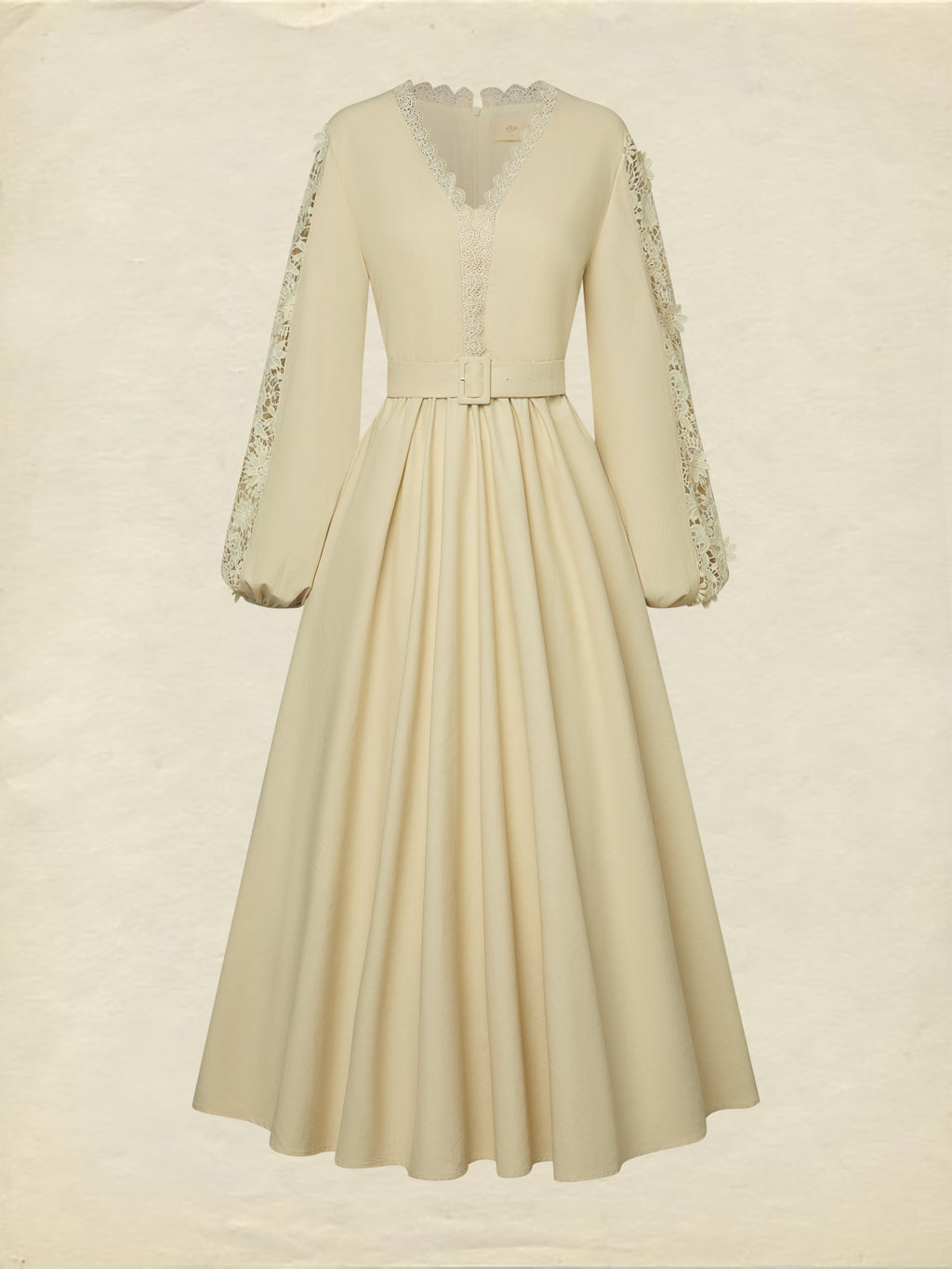 Midi Linen Dress, Long Sleeves, Plain, Lace, French Vintage, Apricot