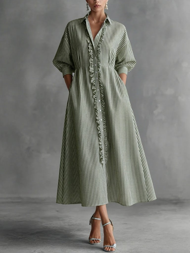 Casual Ruffled Striped Shirt Dress
