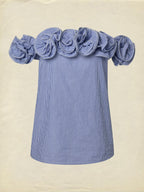Linen Blouse, Sleeveless, Off The Shoulder, Striped, 3D Floral, French Vintage, Blue